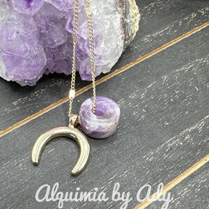 Amethyst chunky half moon donut pendant gold statement charms necklace
